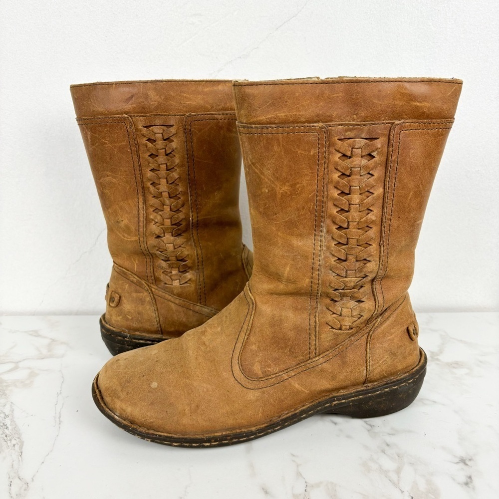 UGG Kaleen Chestnut Leather Sherpa Lined Mid Calf Boot Sz 8 - Picture 2 of 13